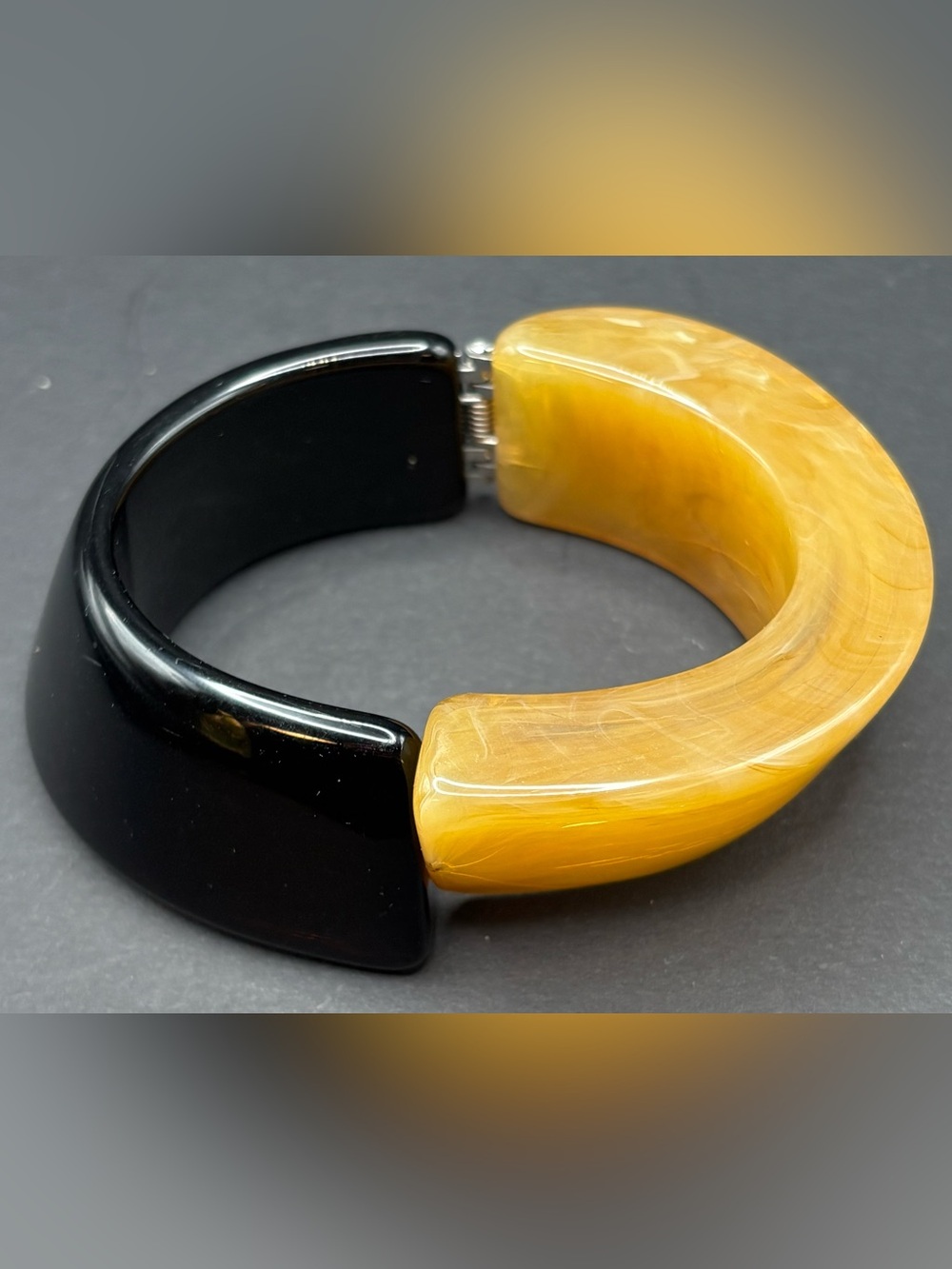 80s Art Deco Lucite Bypass Bracelet Black Butterscotch Yellow Resin Cuff 3.5"